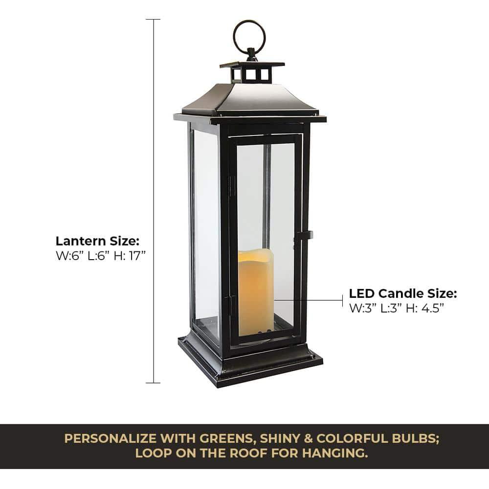 LumaBase Metal Lantern with Battery Operated Candle - Traditional Black