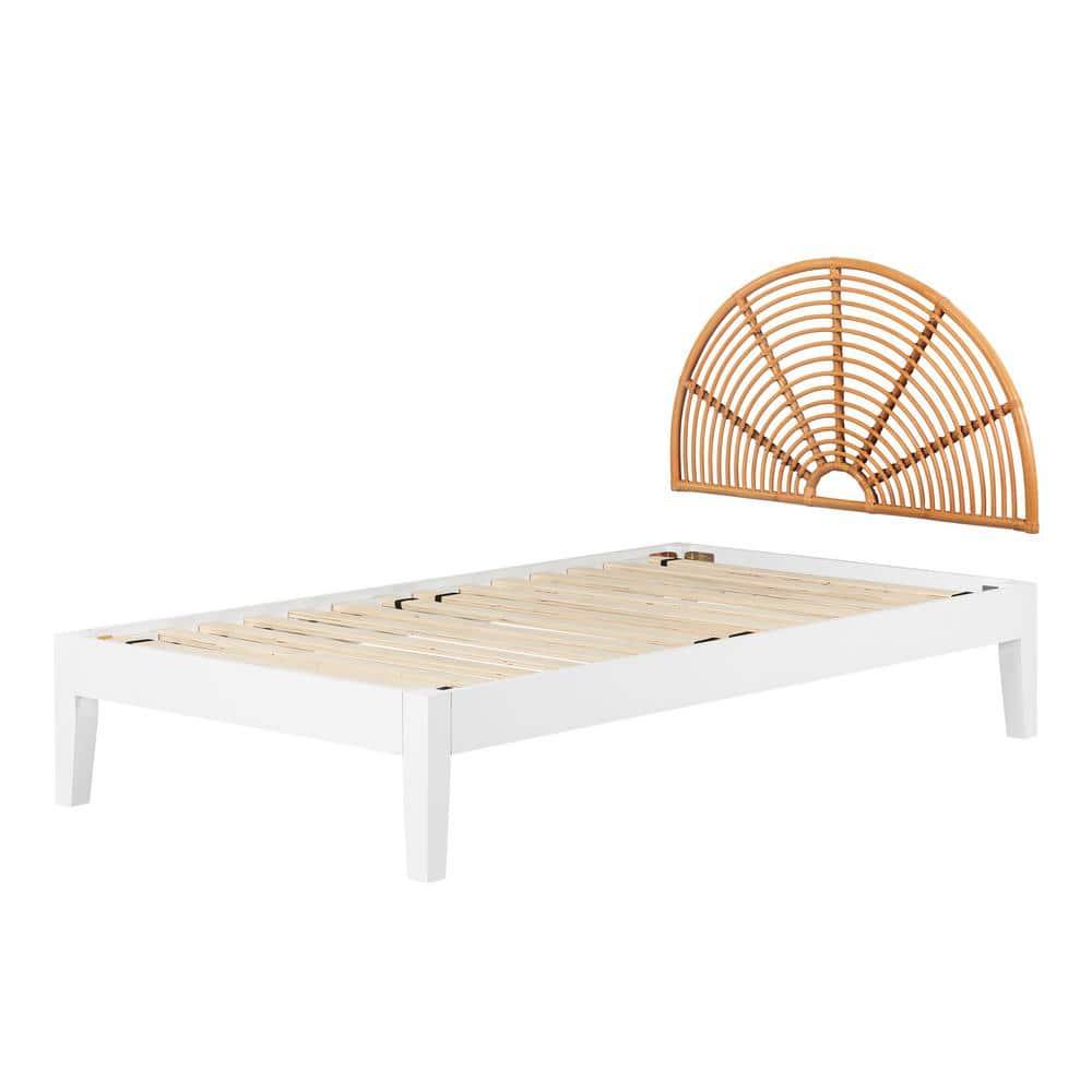 South Shore Bloom Twin Wooden Bed And Rattan Wall-Mounted Rainbow Headboard Set