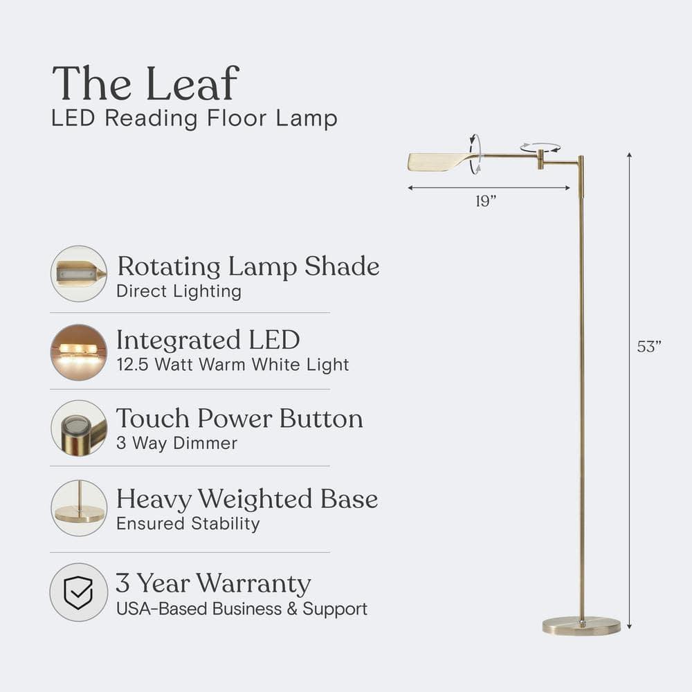 Brightech Leaf 53 in. Industrial Vintage Reading Floor Lamp with Metal Shade and 3-Way Dimming Options - Integrated LED Light