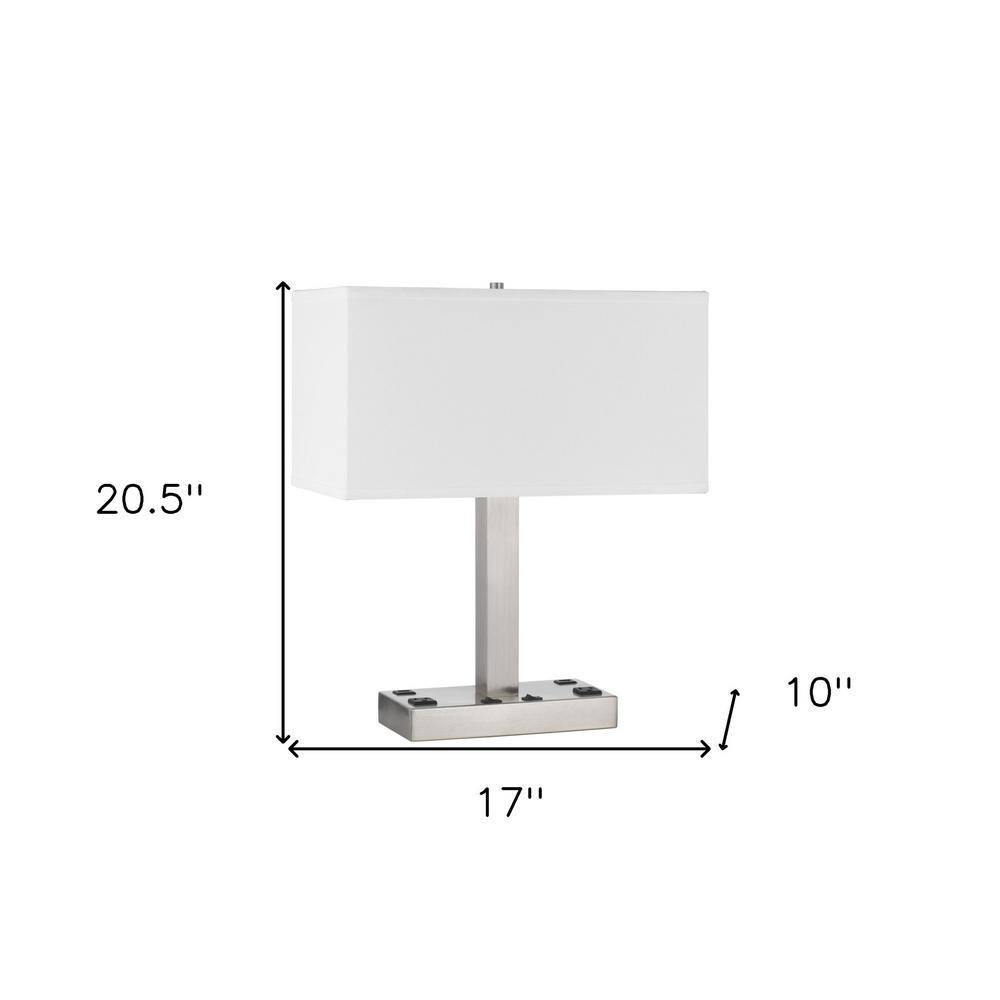 21 in. Nickel Metal Two Light Desk USB Table Lamp with White Rectangle Shade