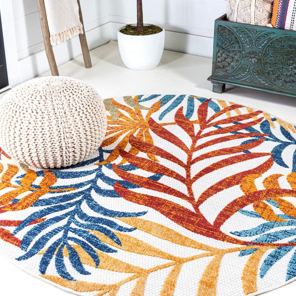 5' Round Tropics Palm Leaves Indoor/Outdoor Area Rug, Cream/Orange - JONATHAN Y