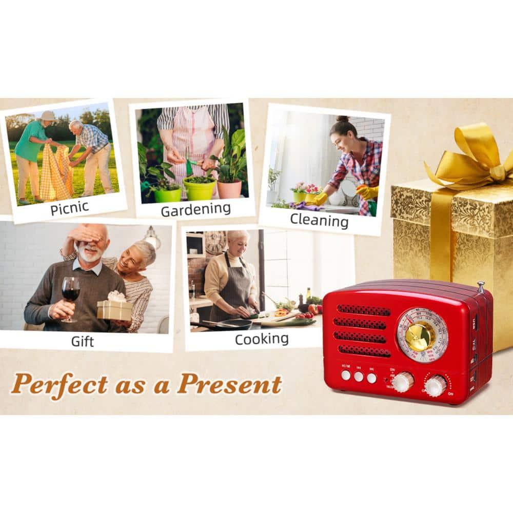 Retro Portable AM/FM Vintage Radio with Bluetooth, Transistor Radio Receiver, Rechargeable Battery, Support TF Card, AUX, USB, MP3 Player for Elder (Red)