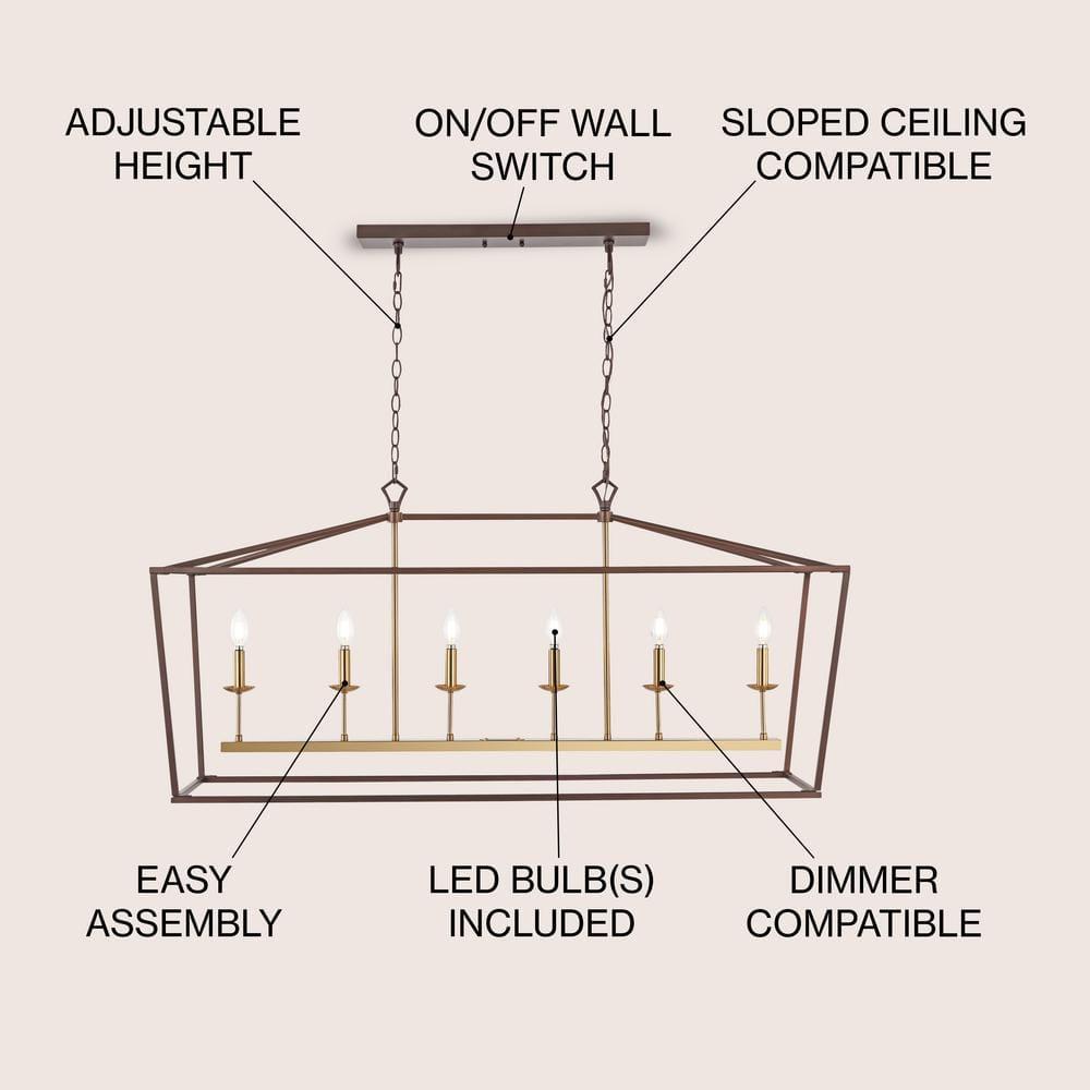 Pagoda 49" Linear 6-Bulb Classic Traditional Metal LED Pendant, Oil Rubbed Bronze