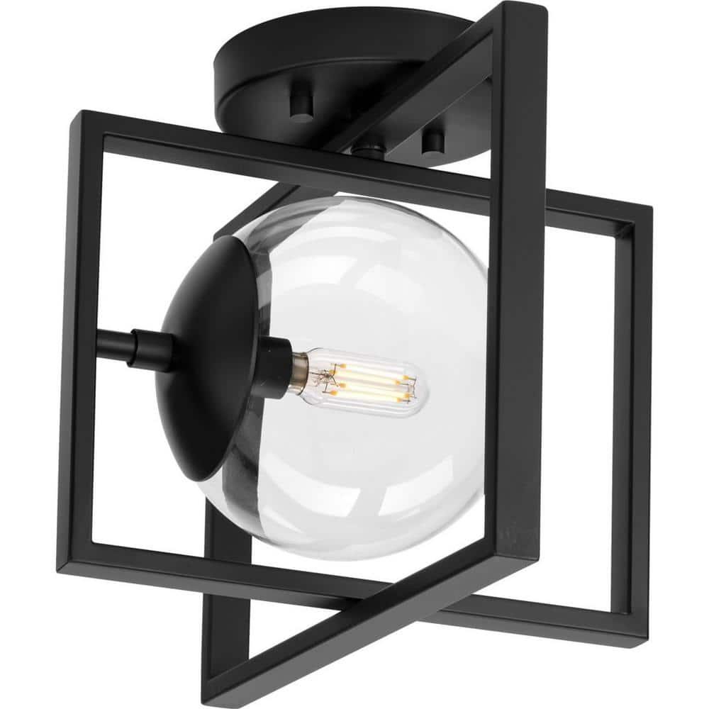 Progress Lighting Atwell 1-Light Matte Black Semi-Flush Mount with Clear Globe Shade