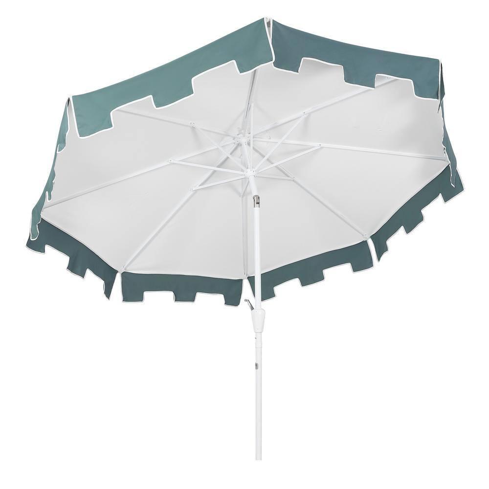 JONATHAN Y Baiona 9 ft. Classic MidCentury Market Patio Umbrella with UV Protection, Auto-Tilt, Crank and Wind Vent in White/Green