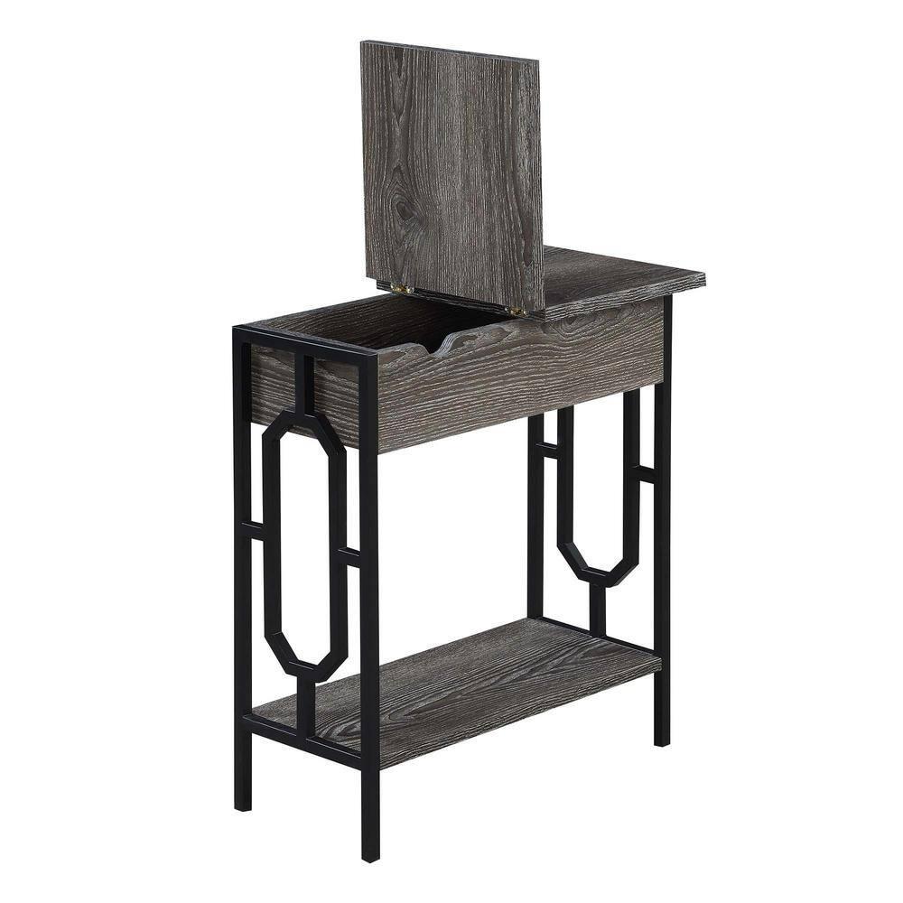 24 in. Omega Flip Top End Table with Charging Station, Weathered Gray Wood & Black