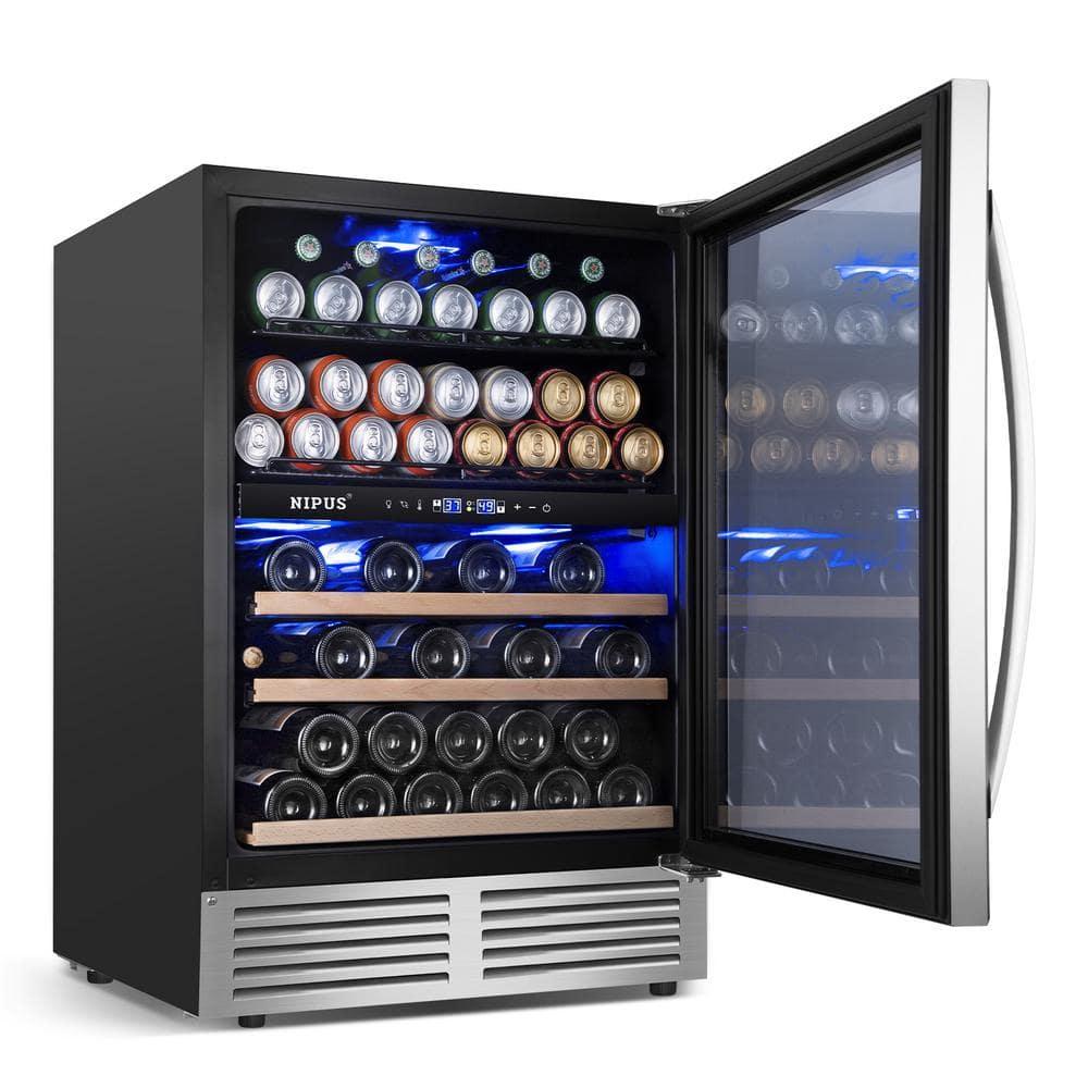 Nipus 24 Inch 94 Can and 27 Bottle Dual Zone Wine & Beverage Refrigerator Freestanding Built-in Beer and Drink Cooler with Glass Door For Kitchen, Bar or Office Classic Series