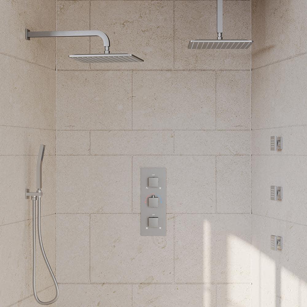 Thermostatic Dual Heads with 12" Rain Shower Faucet, Hand Shower and 3 Body Jets Matte Black