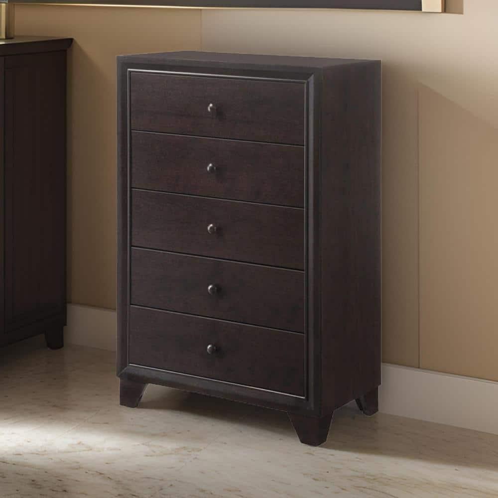 Benjara Wooden Chest with 5 Spacious Drawers , Espresso Brown