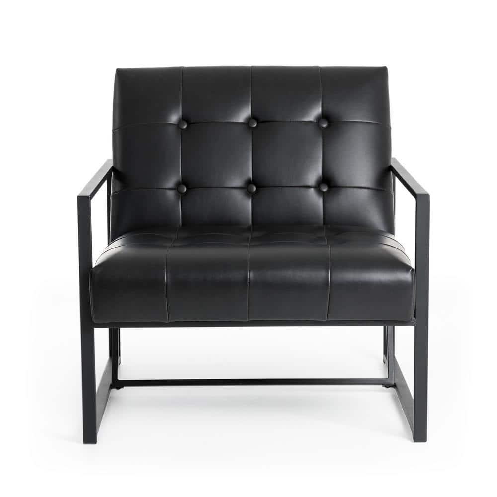Glitzhome 31.50"H Accent Arm Chair PU Leather Button-tufted Ergonomic Chair with Black Metal Frame for Living Room Bedroom