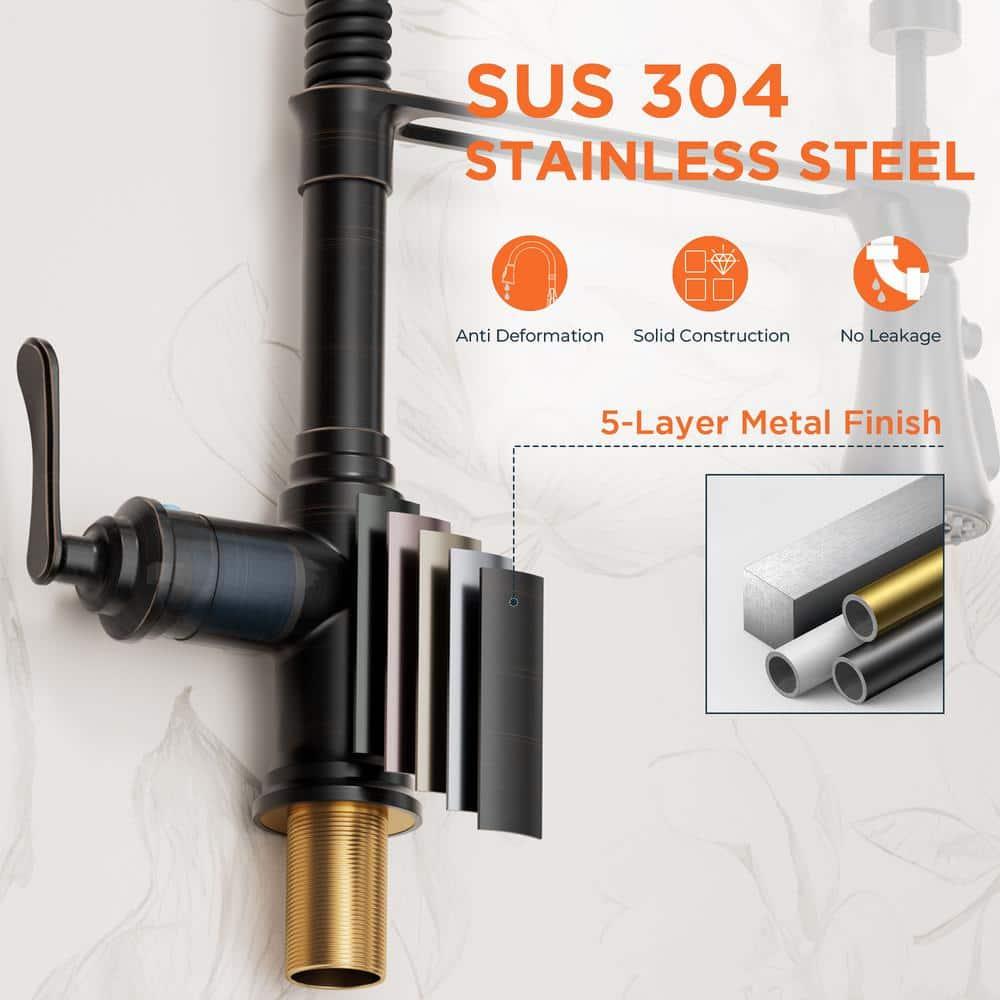 FORIOUS Rustic Kitchen Faucet with Pull Down Sprayer Oil Rubbed Brown, 3 Modes Stainless Steel High Arc Vintage Spring Sink Faucet 1 or 3 Holes for Pot Filler, Farmhouse Camper Wet Bar
