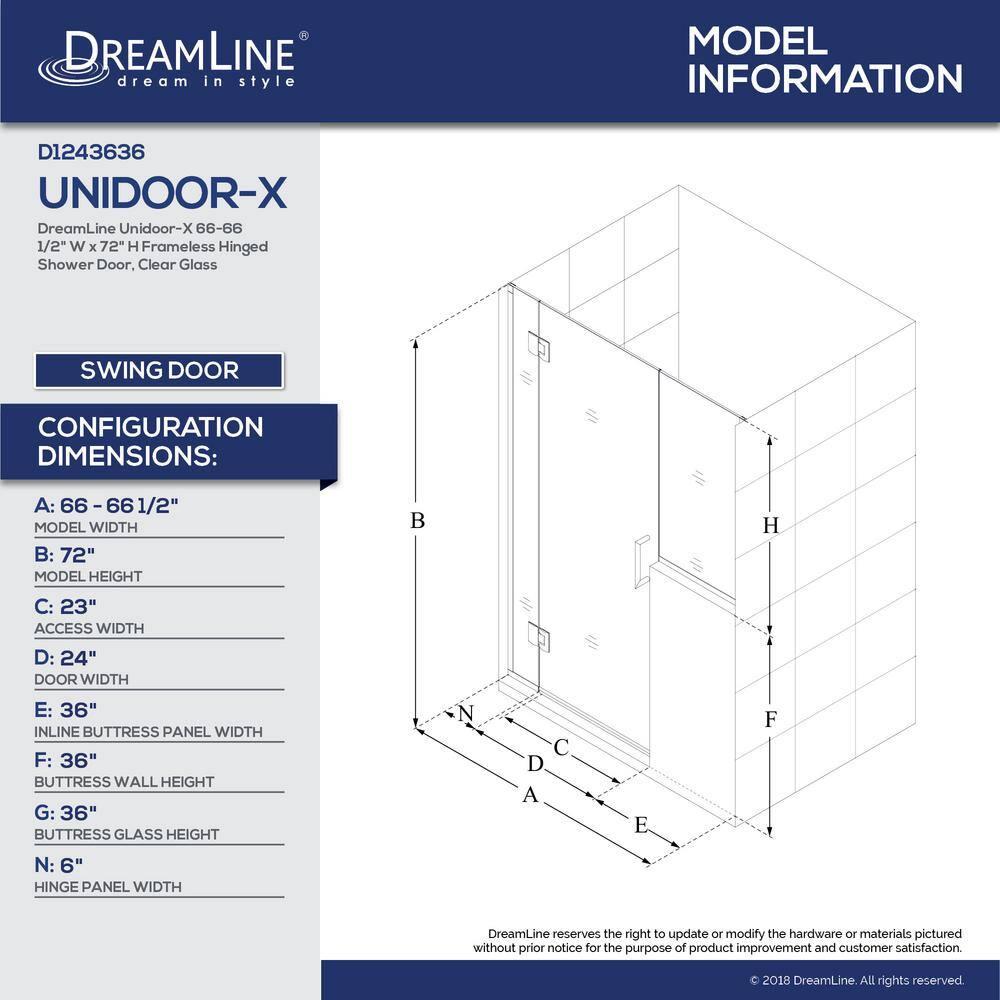 Unidoor-X 66" W x 72" H Frameless Shower Door with Fixed Panel