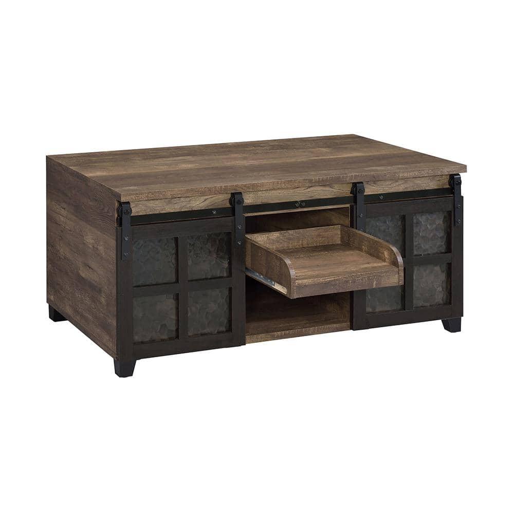 DremFaryoyo Nineel Coffee Table  Obscure Glass  Rustic Oak & Black Finish 87955