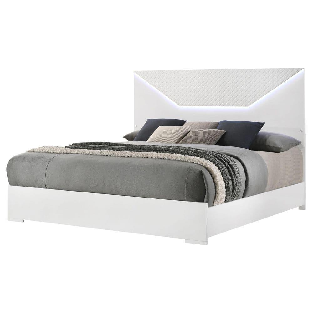 Coaster Ives LED Headboard Wood Queen Panel Bed White High Gloss