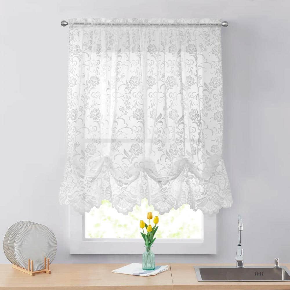 Habitat Limoges Sheer Rod Pocket Timeless Romantic Floral Lace Design Balloon Curtain 55" x 63" White