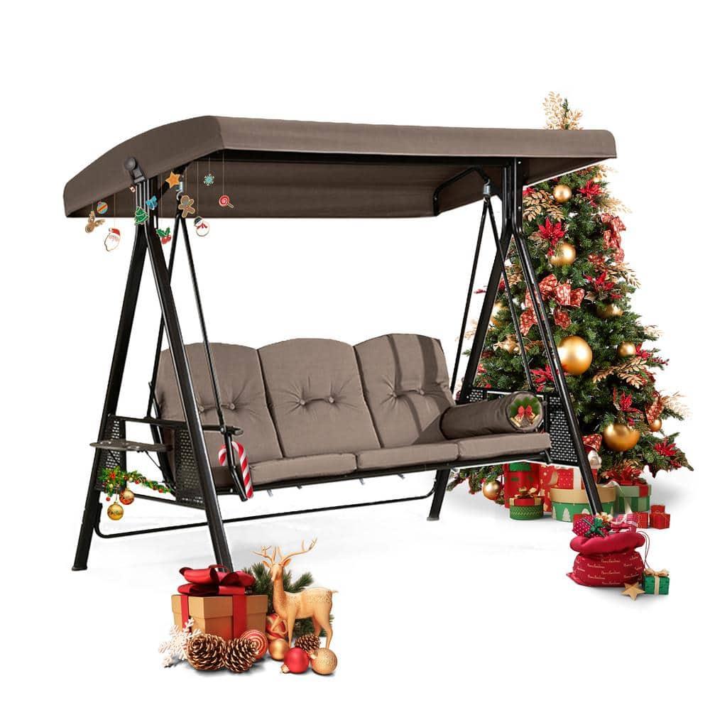 PURPLE LEAF 3-Seat Deluxe Outdoor Patio Porch Swing with Weather Resistant Steel Frame, Adjustable Tilt Canopy, Cushions and Pillow Included, Beige