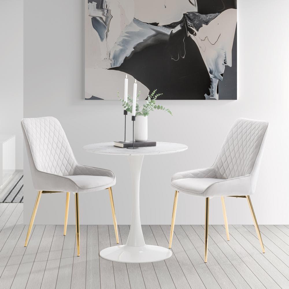 CorLiving Ivo Modern Round White Marbled Engineered Wood and Steel Pedestal Dining Table - Small Pedestal Dining Room Table for 3, Ideal Small Round Kitchen Table, Bistro Cafe Table