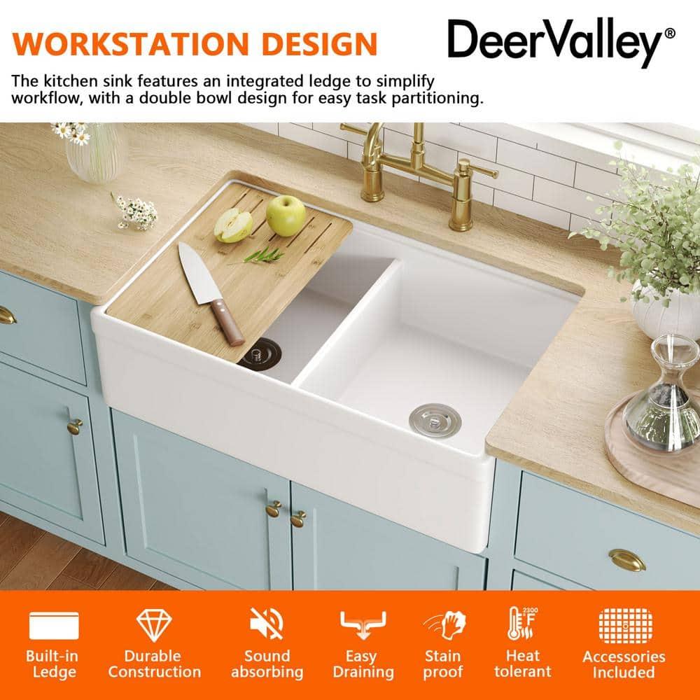 33" L X 20" W White Fireclay Double Bowl Workstation Farmhouse Kitchen Sink with Cutting Board And Dish-Drying Rack