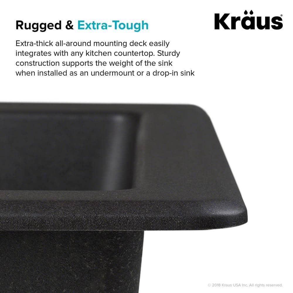 Kraus Quarza 25 Dual Mount Single Bowl Granite Kitchen Sink and Strainer in Grey