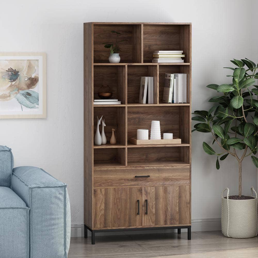 Noble House Davina Contemporary Faux Wood Cube Unit Bookcase, Walnut, Black
