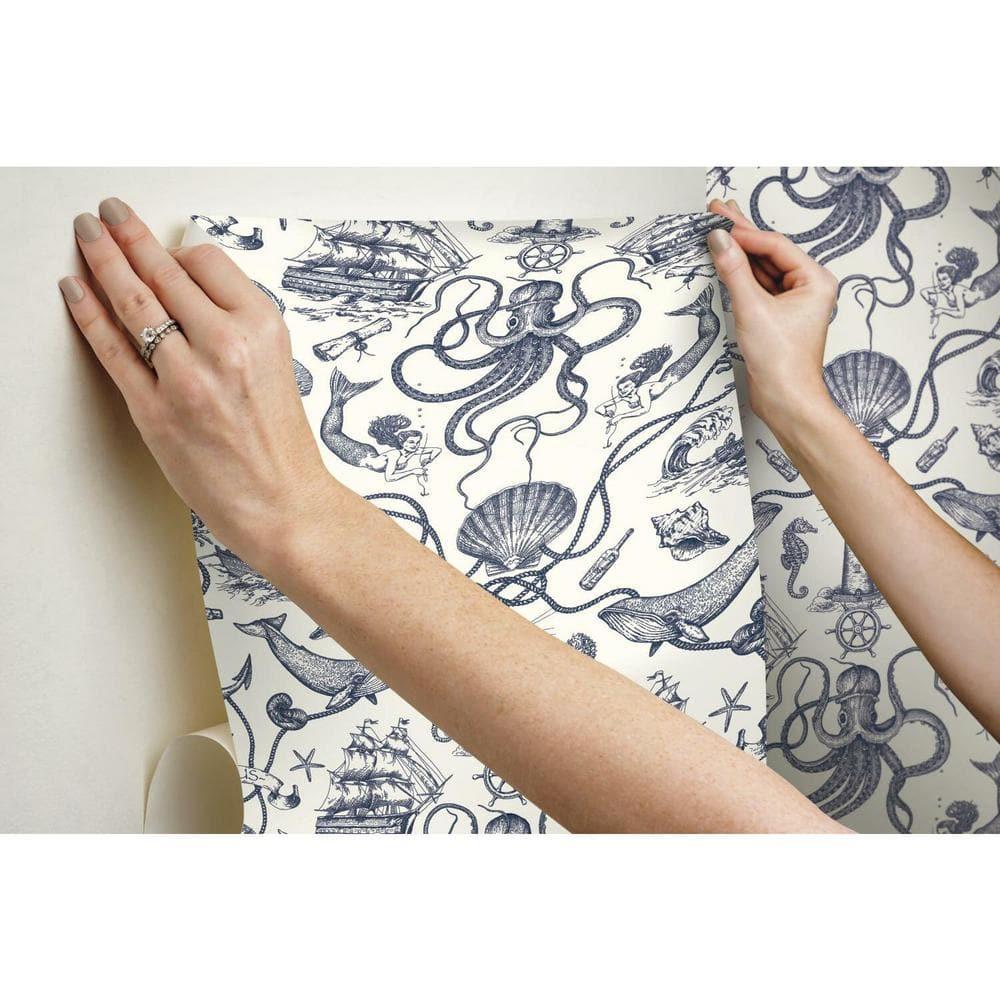 RoomMates Deep Sea Toile Blue Peel and Stick Wallpaper: Nautical Vinyl, Mermaid & Seahorses, Self-Adhesive, 28.18 Sq Ft Coverage