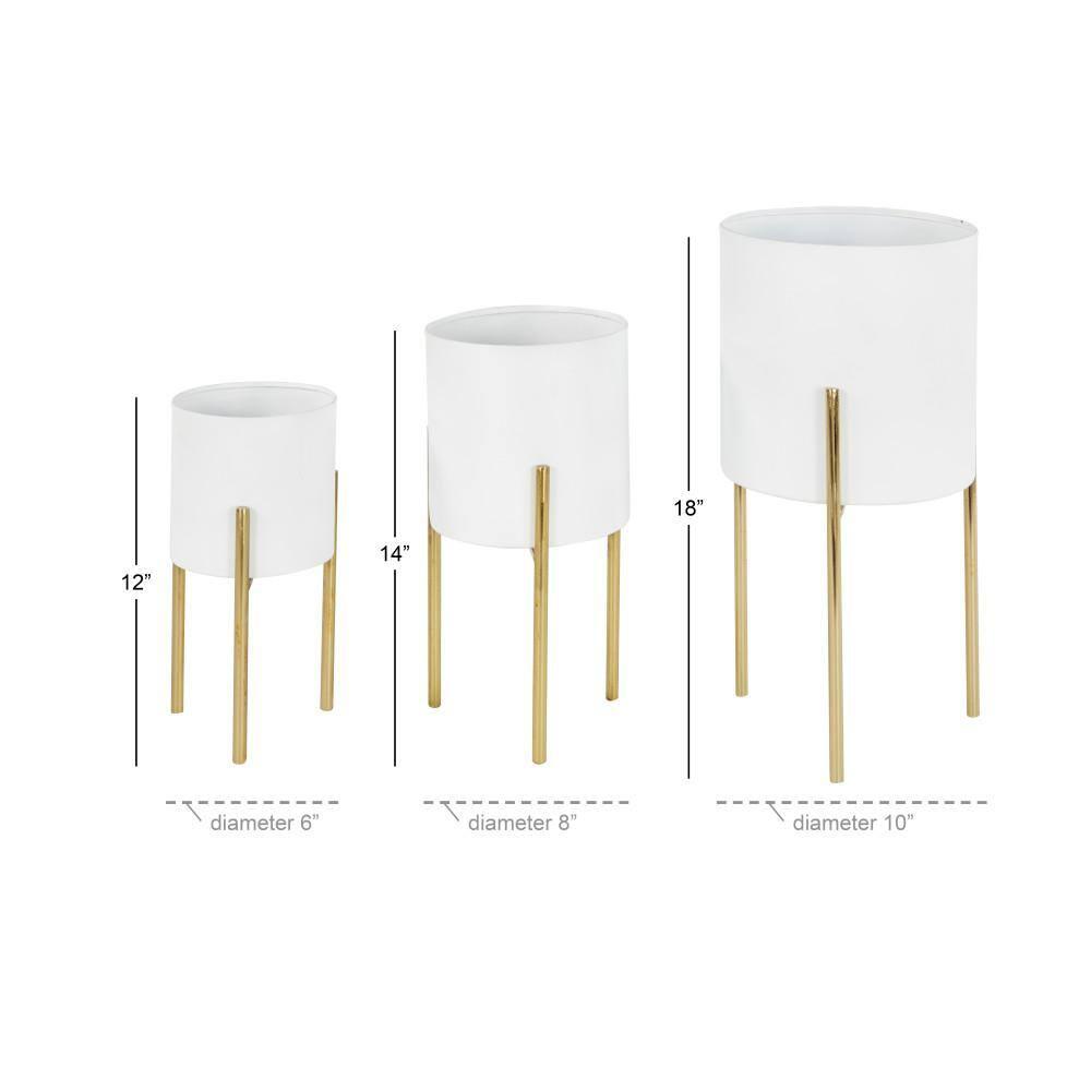DecMode 18", 14", 12"H White Metal Planter with Removable Gold Stand (3 Count)