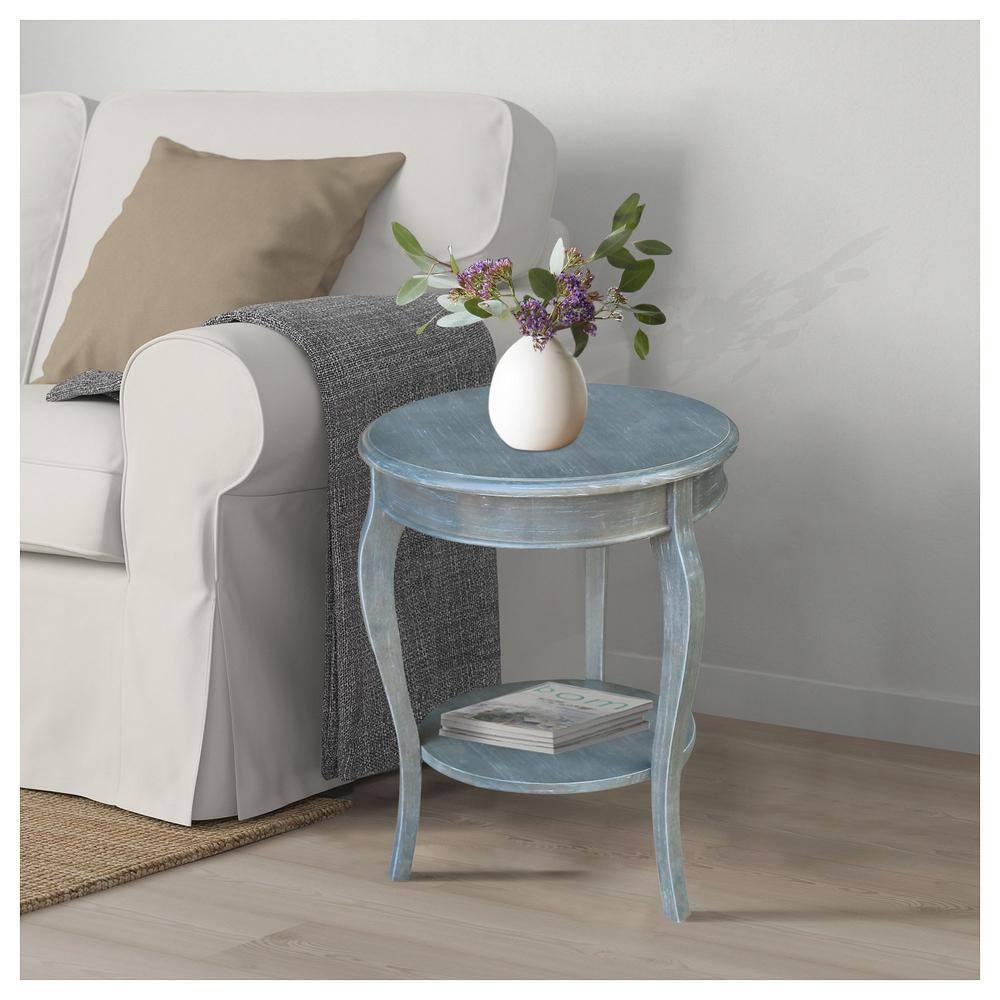 Cambria Round End Table Antique/Heather Gray - International Concepts: Solid Wood, Fixed Shelf