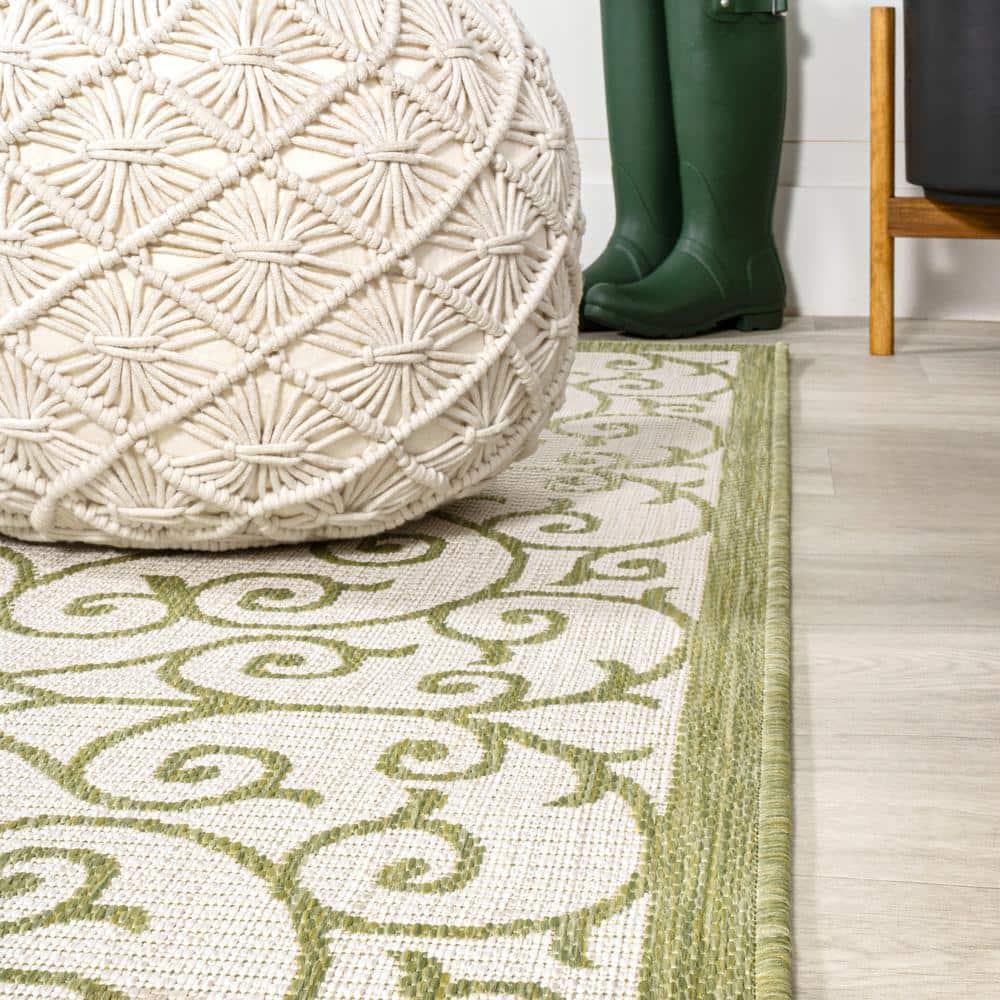 2' x 10' Madrid Vintage Filigree Textured Weave Indoor/Outdoor Runner Rug, Green/Cream - JONATHAN Y