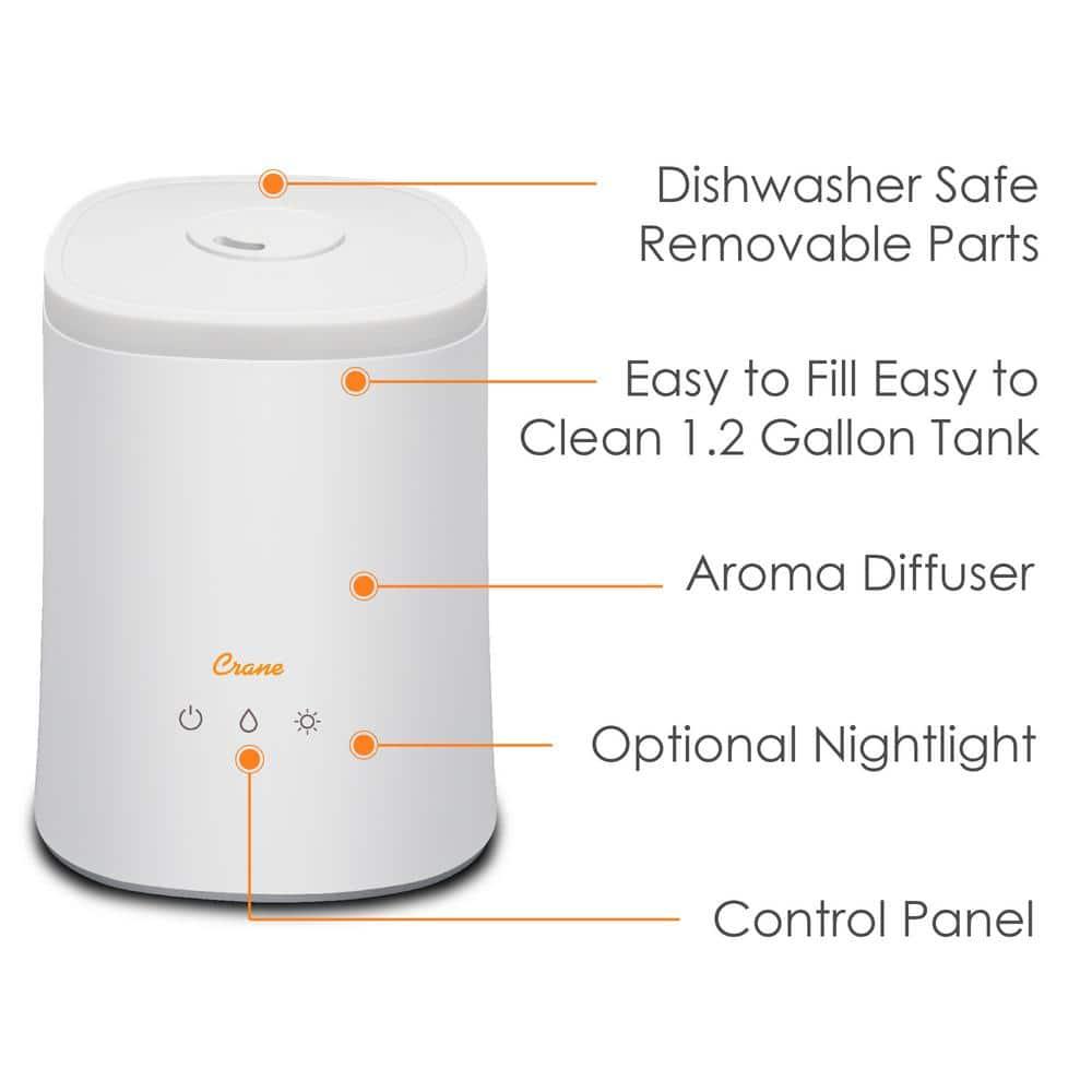 Crane USA 1.2 Gal. Cool Mist Ultrasonic Tabletop Humidifier 500 Sq. Ft., With Night Light, For Bedroom