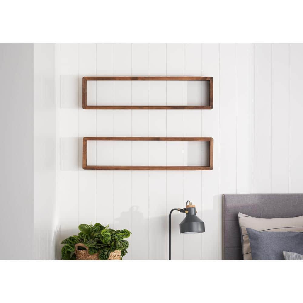 Stackable Floating Shelves, Farmhouse Style Decorative Box Bookshelves for Bedroom, Living Room, and More, Solid Wood, 8" H x 32" W x 4.00" D, Walnut Finish, 2-Pack