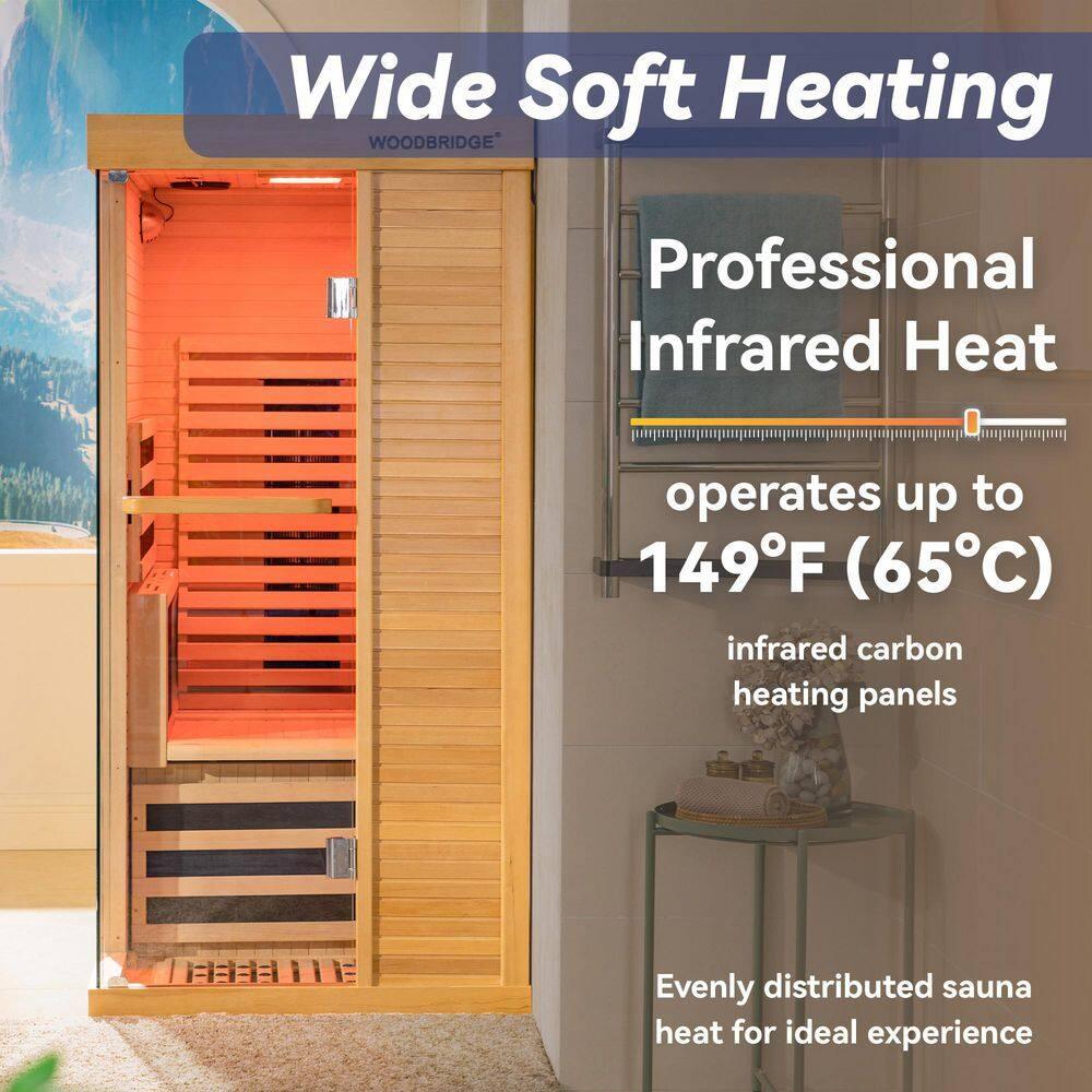 WoodBridge 1 Person Indoor Bluetooth Compatible FAR Infrared Sauna in Canadian Hemlock, Touch-Tone Keypad, LED Therapy Light
