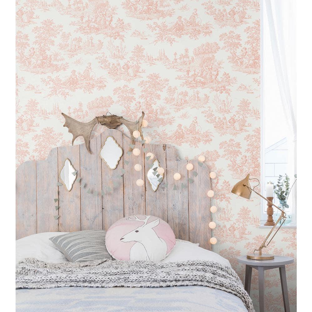 NextWall Chateau Toile Peel and Stick Wallpaper Pink: Vintage Vinyl, Self-Adhesive, Repositionable, Washable, 30.75 Sq Ft Coverage