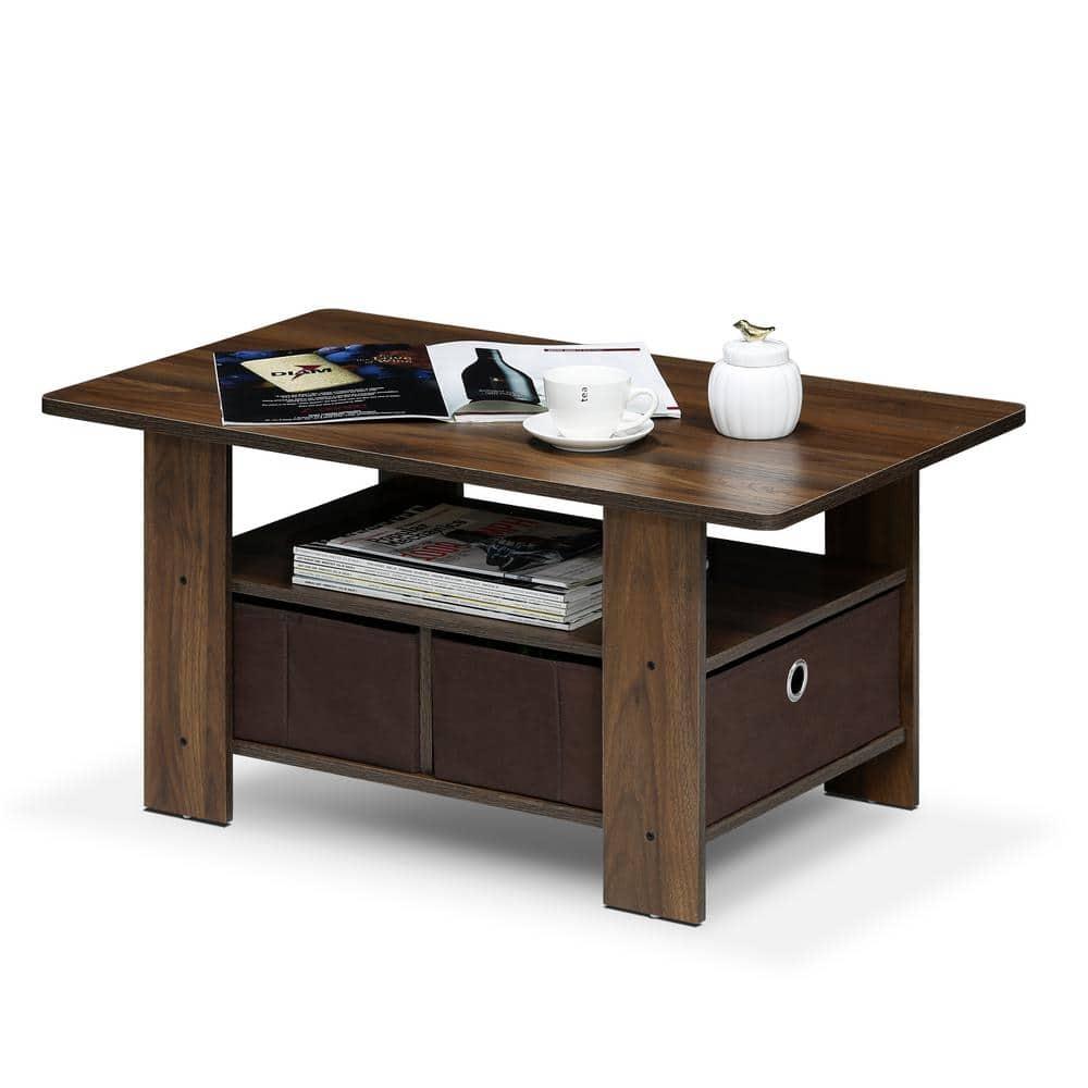 FETON Andrey Coffee Table with Bin Drawer, Columbia Walnut/Dark Brown