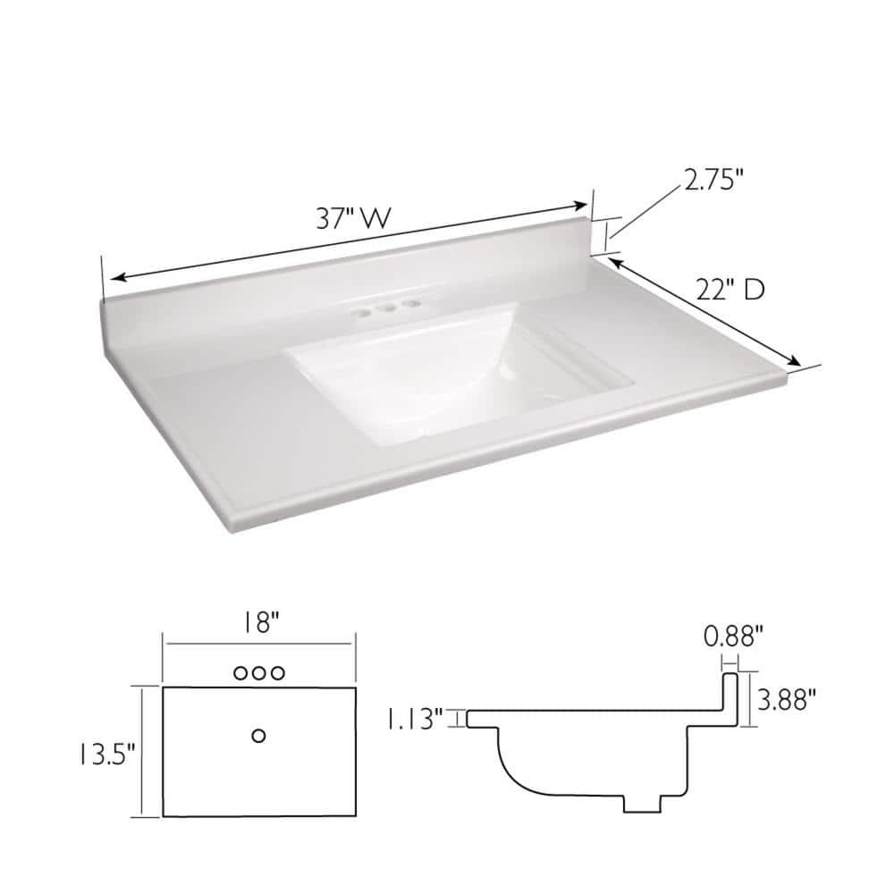 Camilla 37 in Cultured Marble Center Mount Rectangle One Bowl Vanity Top with Backsplash in Solid White