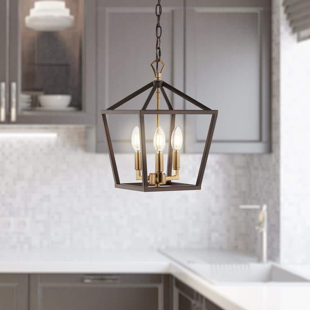 Ojai 10" 3-Light Iron Classic Modern Lantern LED Pendant, Oil Rubbed Bronze/Brass Gold