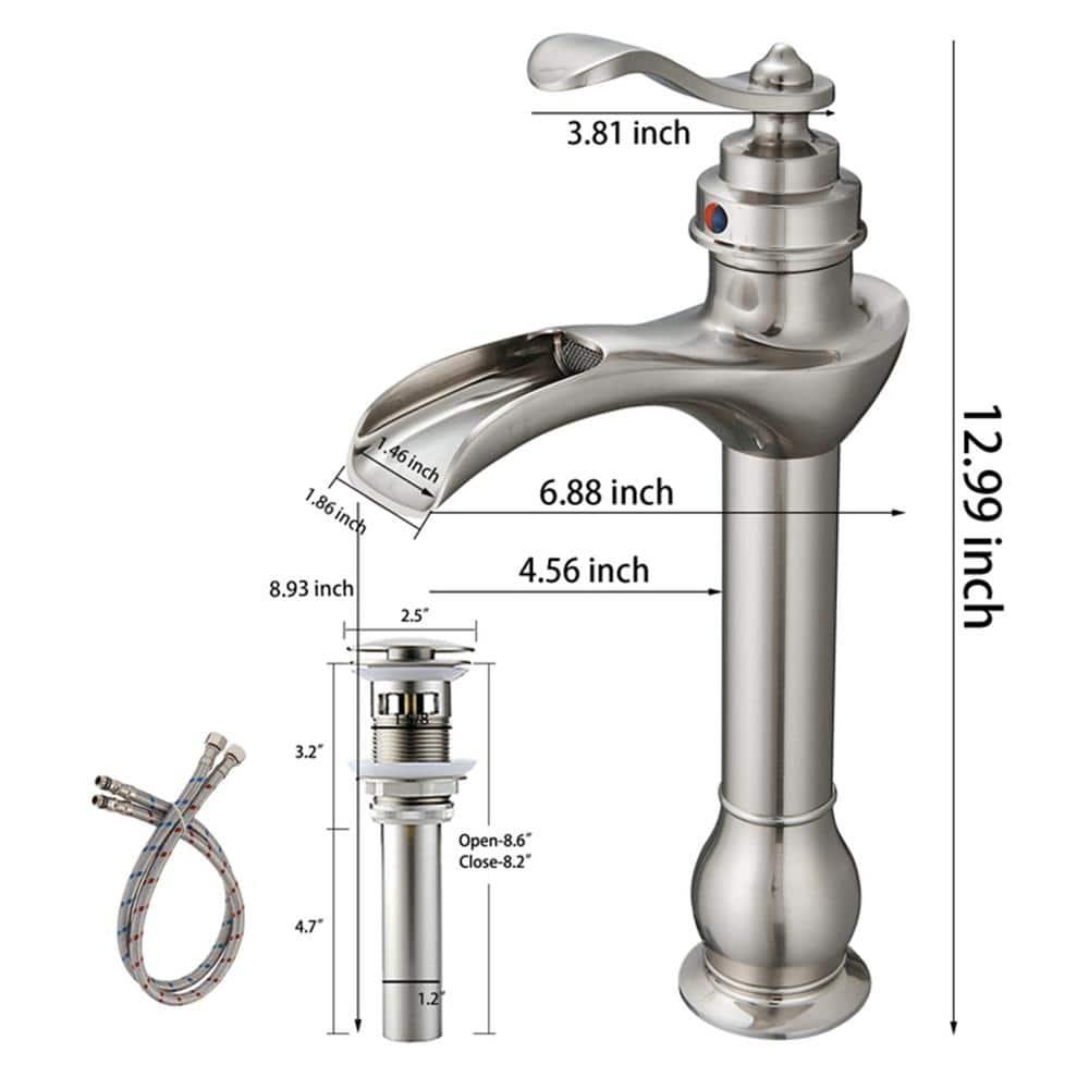 Waterfall Bathroom Faucet Brushed Nickel GGStudy Single Handle One Hole Tally Body Farmhouse Bathroom Vessel Sink Faucet Matching with Pop Up Drain