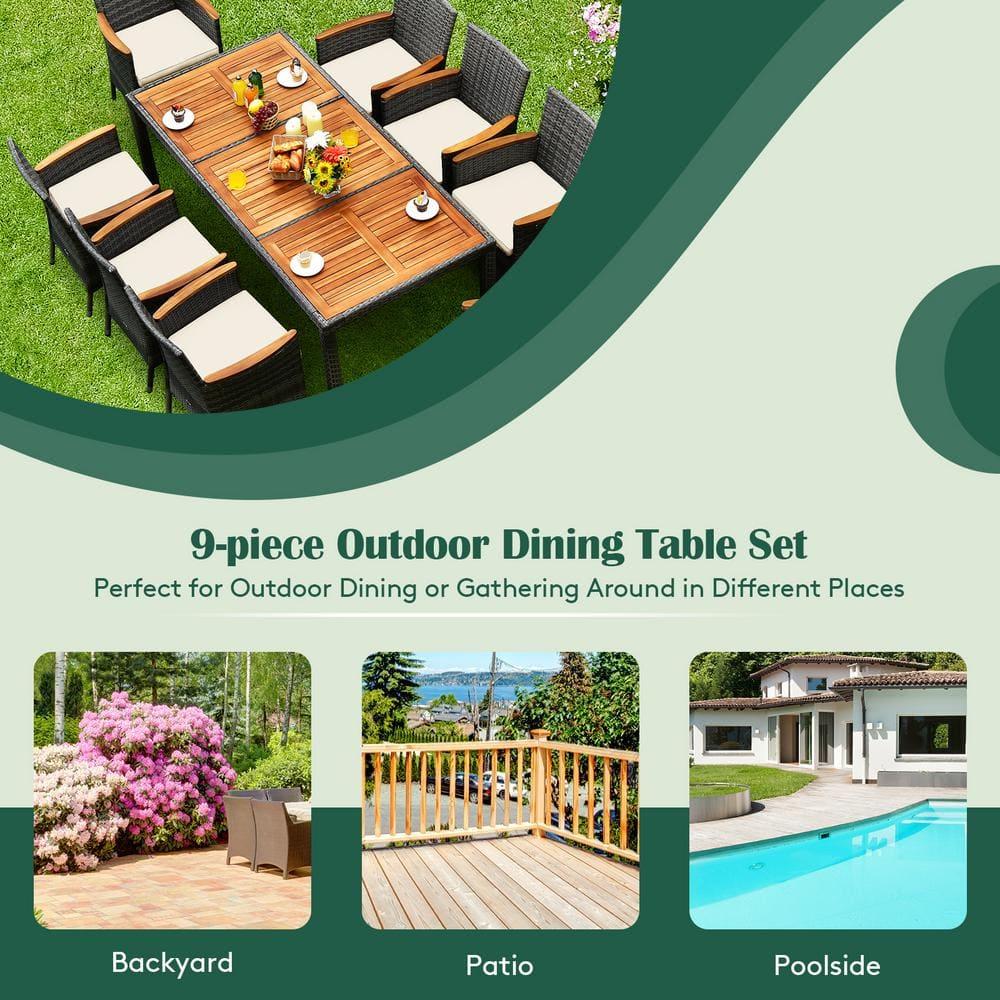 Costway 9 Pieces Outdoor Wicker Dining Set with Acacia Wood Table and 8 Armchairs
