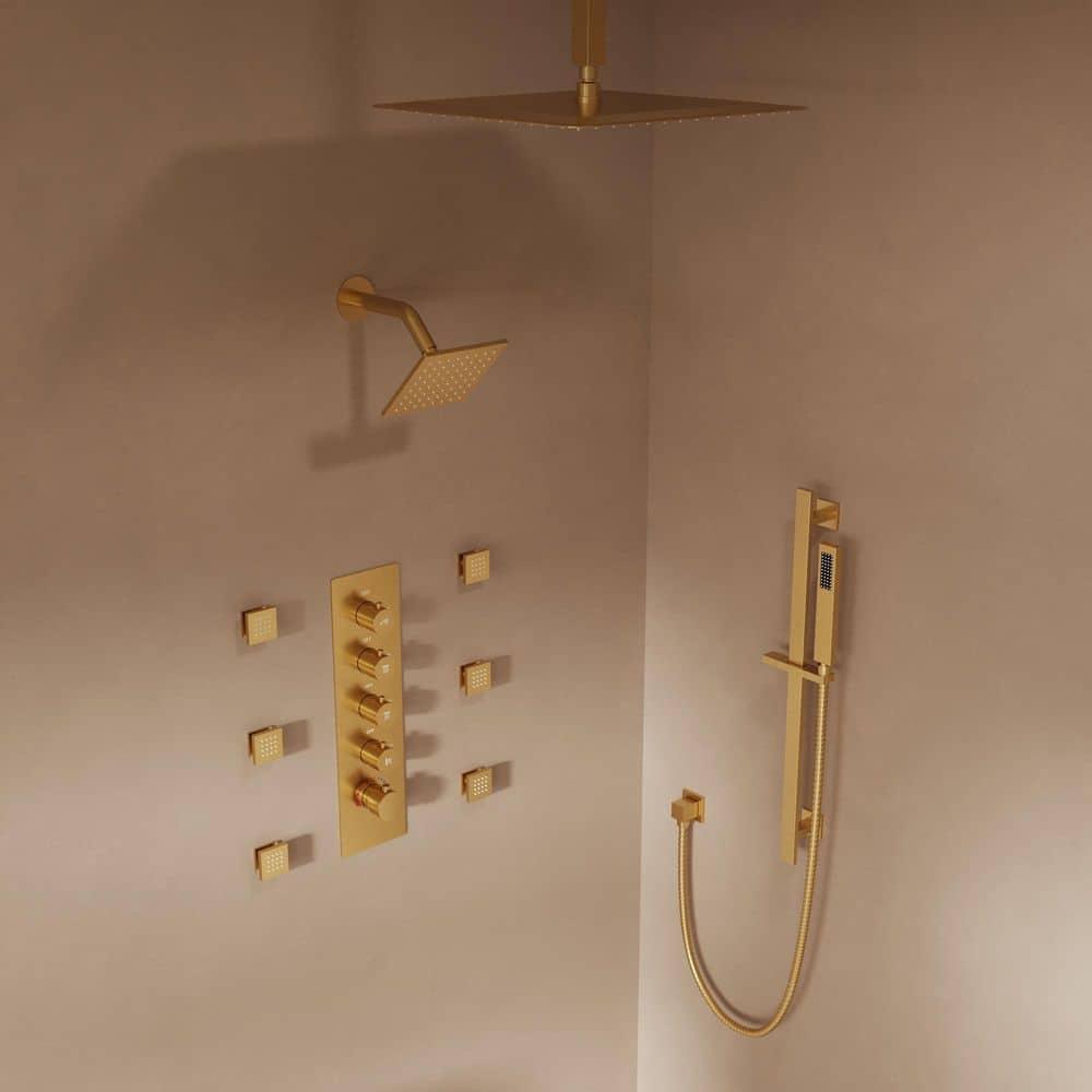 GRANDJOY 16 inch Complete Dual Shower Head System, Celling Mounted Shower Faucet Set with Hand Shower Head, Rough in-Valve, 6 Massage Body Jets - Brushed Gold
