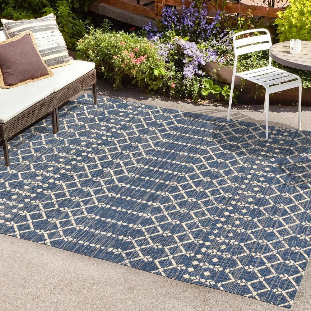 8' x 10' Ourika Moroccan Geometric Textured Weave Indoor/Outdoor Area Rug, Navy/Beige - JONATHAN Y