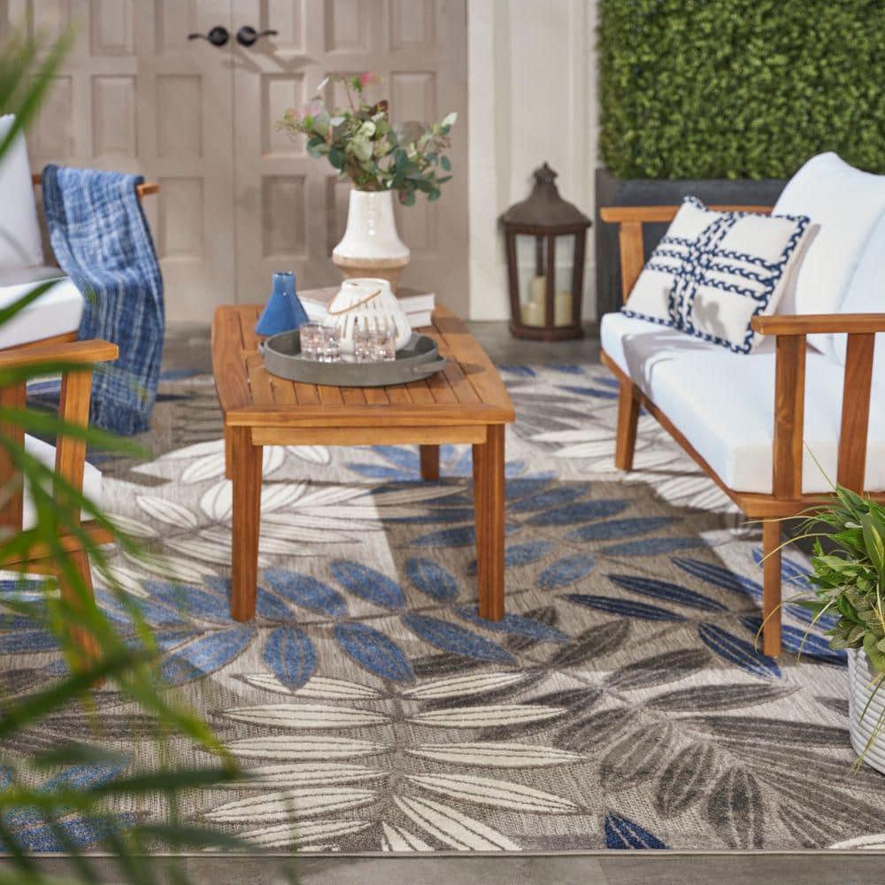 Nourison Aloha Floral Leaf Flatweave High-Low Indoor Outdoor Area Rug Grey/Blue 3'6" x 5'6"