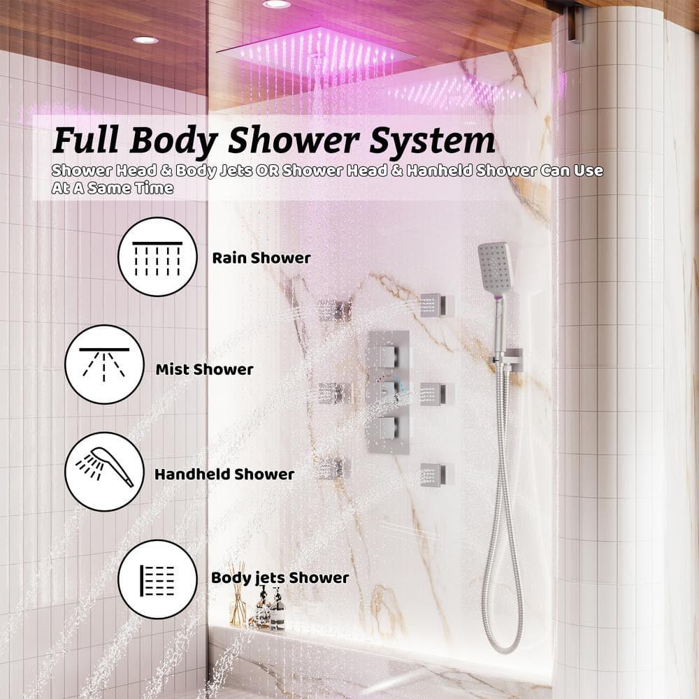 12" Flush Mounted Luxury Thermostatic Rainfall Shower System with LED and 6 Body Jets