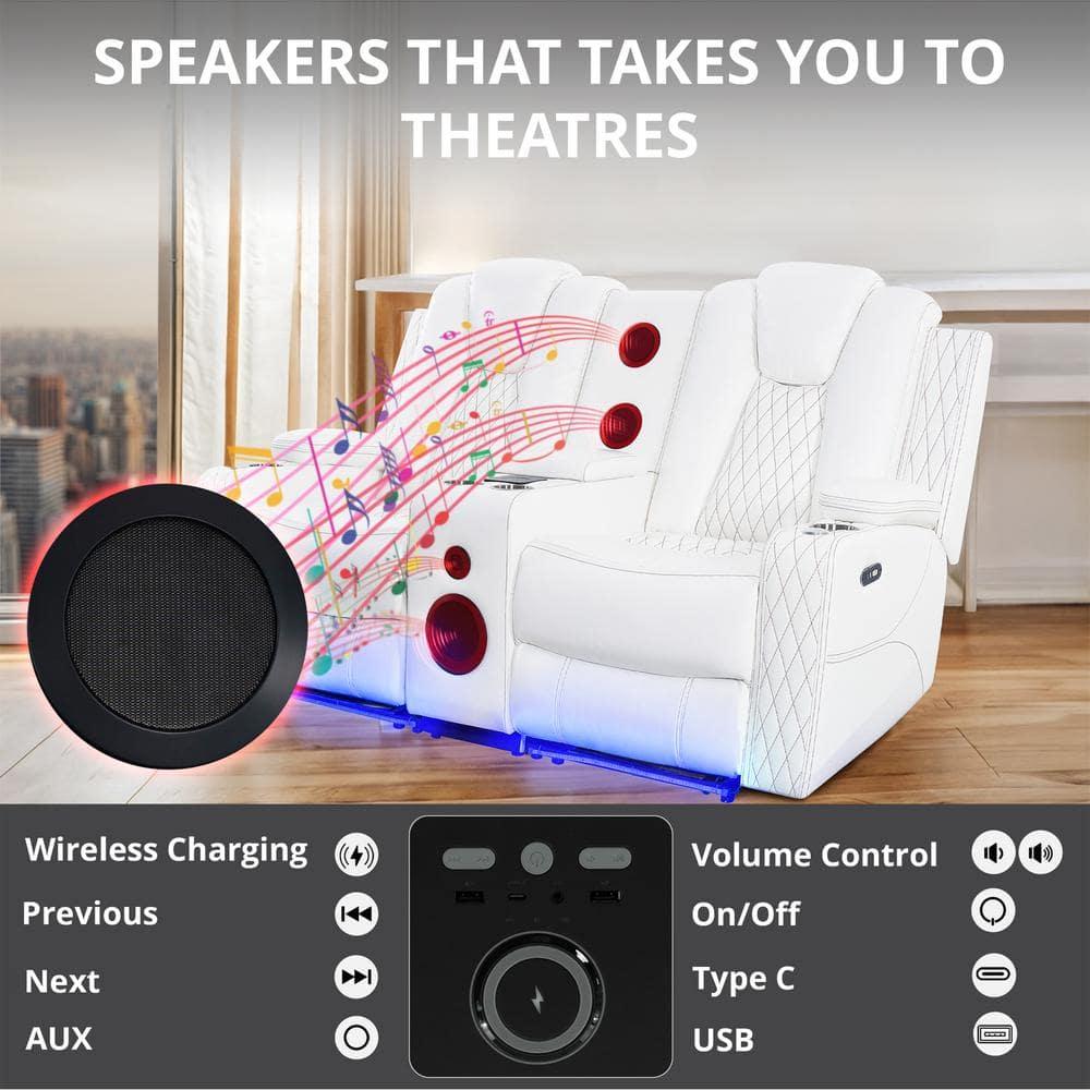 Home Theater Seating, Gaming Couch for Adults, Wireless Charging Movie Theater Couch, Power Recline Loveseat with 6 Cup Holders and Tray, Powerful in-Built Speaker, USB-Color:White,Fabric:Air Leather