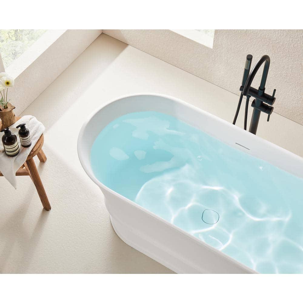 59" x 27.5" Freestanding Soaking Stone Resin Bathtub with Pure White Overflow and Pop Up Drain