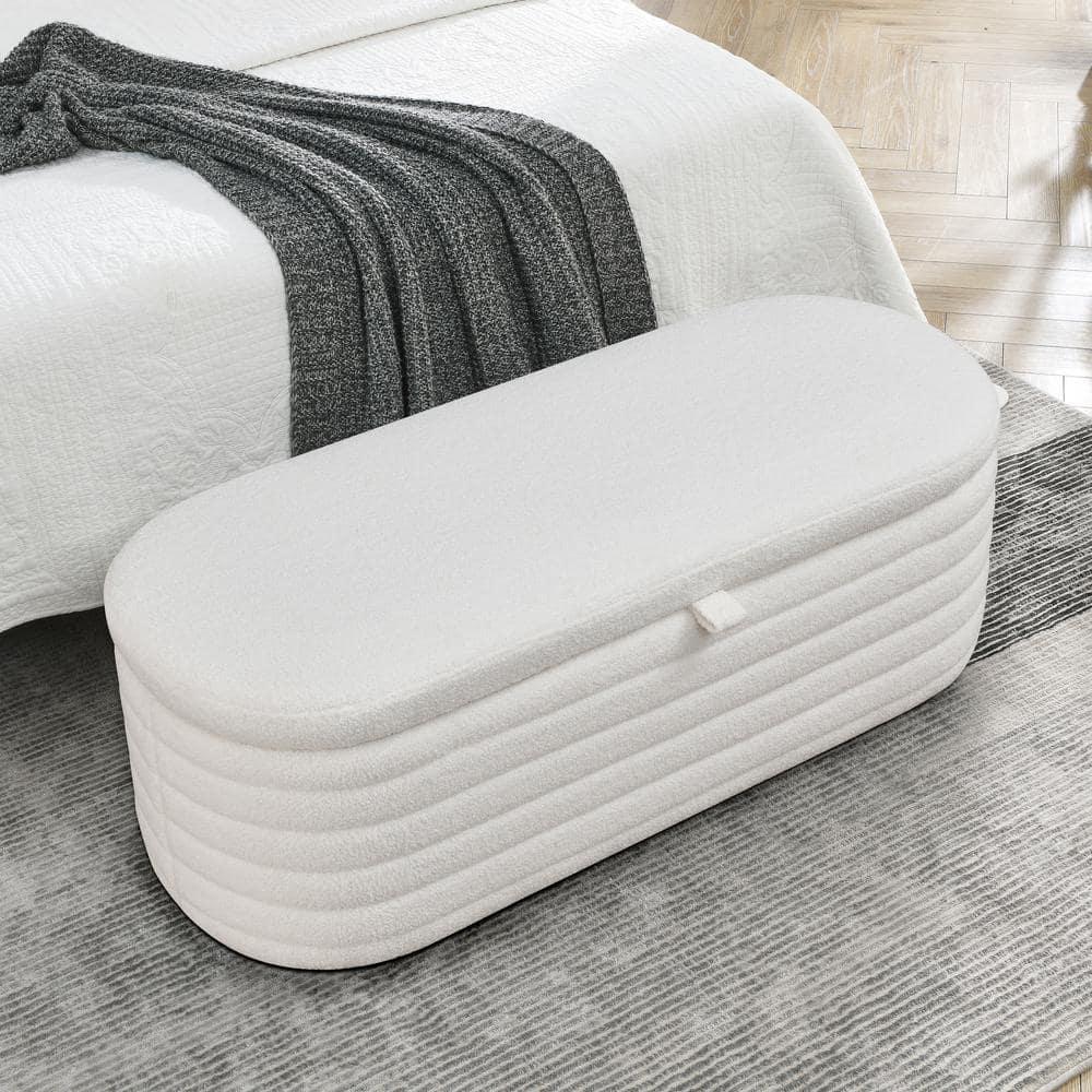 Modern Oval Storage Ottoman Bench, Upholstered Boucle Teddy Fabric End Of Bed Bench With Storage, End Of Bed Stool With Safety Hinge For Bedroom, Living Room, Entryway