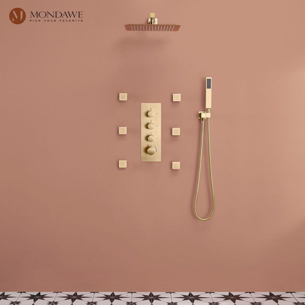 3 Functions Wall Mount Thermostatic Complete Shower System with 6 Body Jets, Rough-in Valve