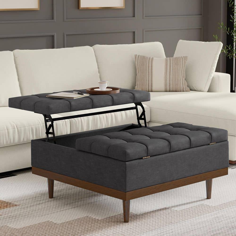 Slate Grey Tufted Lift-Top Cocktail Ottoman with Walnut Base