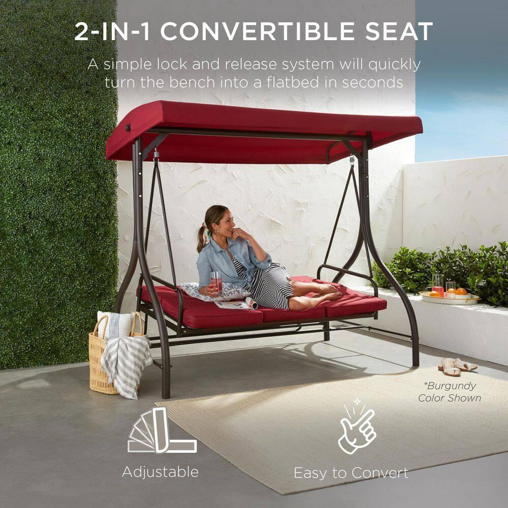 Best Choice Products 3-Seat Outdoor Converting Canopy Swing Glider Patio Hammock w/ Removable Cushions - Dark Rust