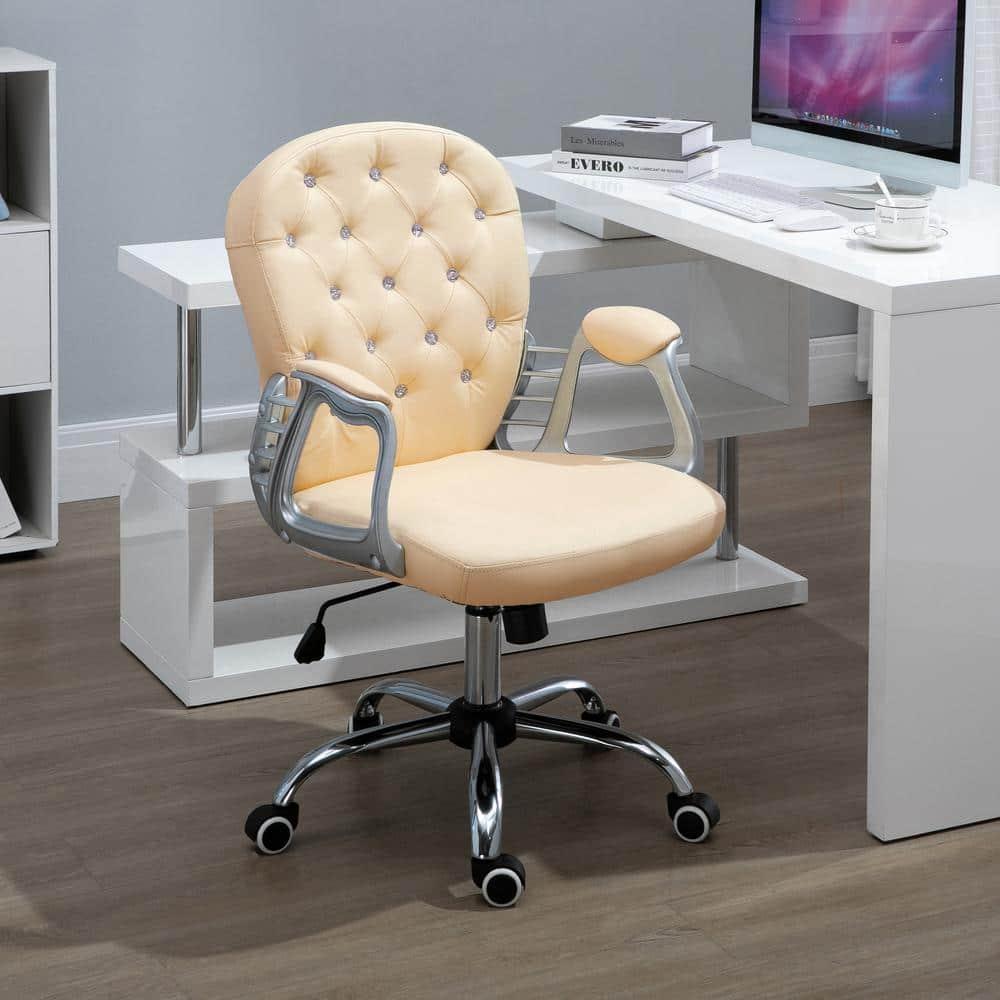 Vinsetto Vanity PU Leather Mid Back Office Chair Swivel Tufted Backrest Task Chair with Padded Armrests, Adjustable Height, Rolling Wheels, Beige