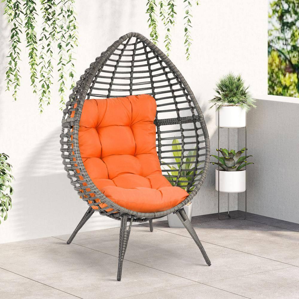 Outsunny Egg Chair w/ Soft Cushion, Teardrop Cuddle Seat, Outdoor / Indoor, PE Plastic Rattan Furniture, Adjustable Height, Orange