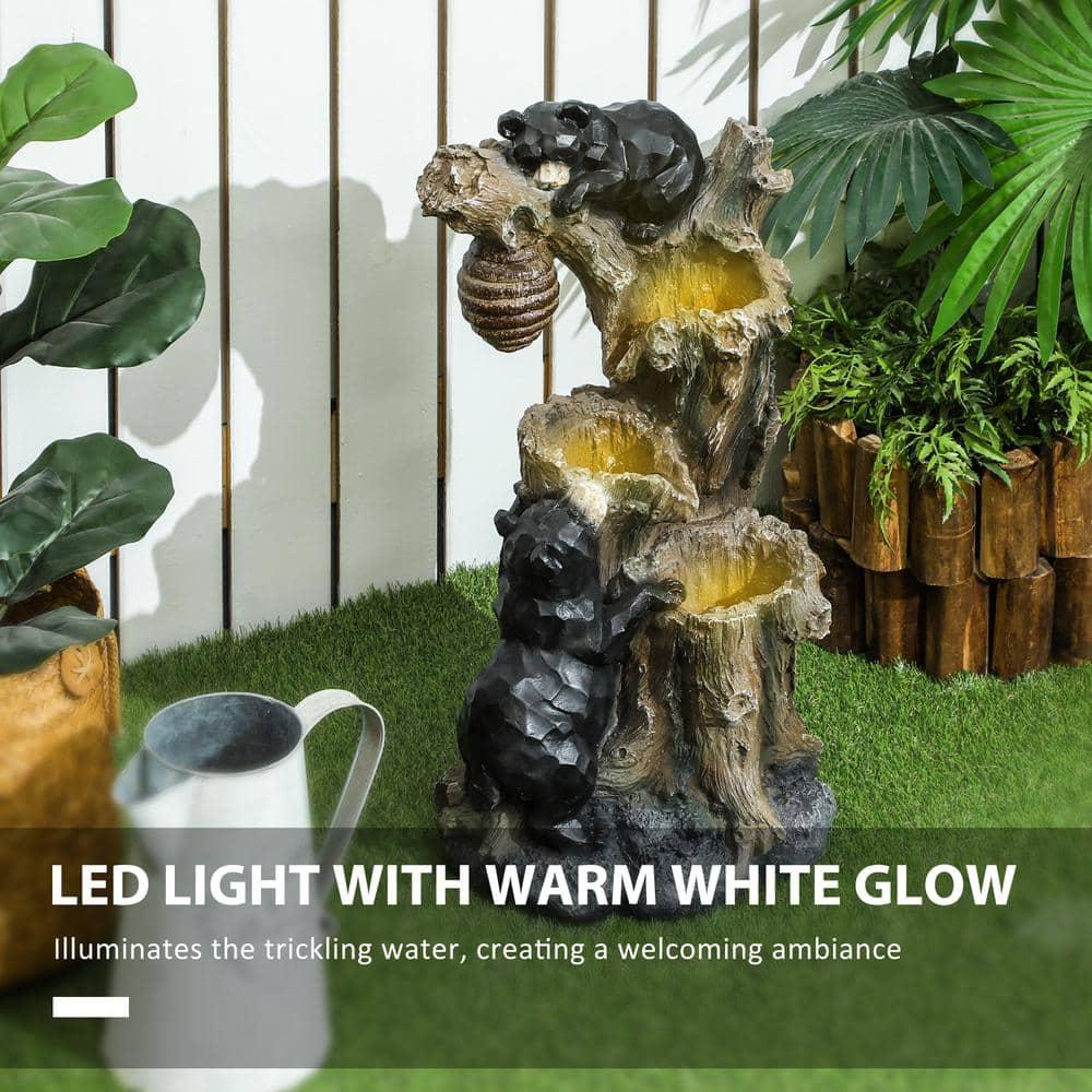 Outsunny 22.4" Outdoor Water Fountain, 3-Tier Floor Standing Resin Bears and Honey Beehive Tree Waterfall Fountain with LED Lights, Pump